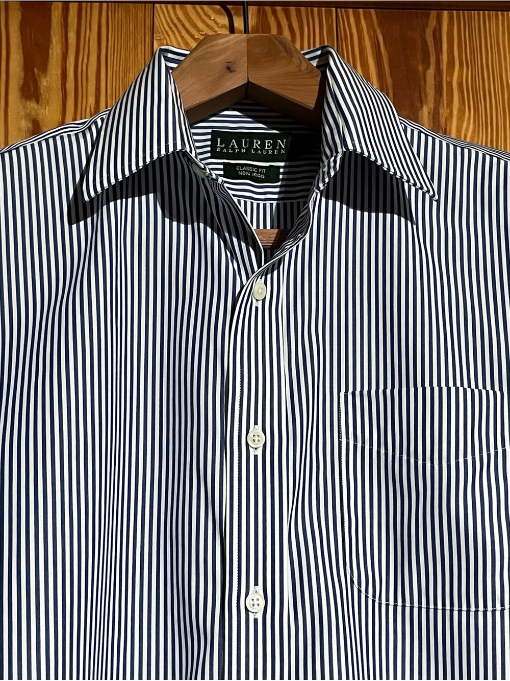 Lauren Ralph Lauren Men's Classic Fit Shirt Non-Iron Blue & White Stripe Pocket